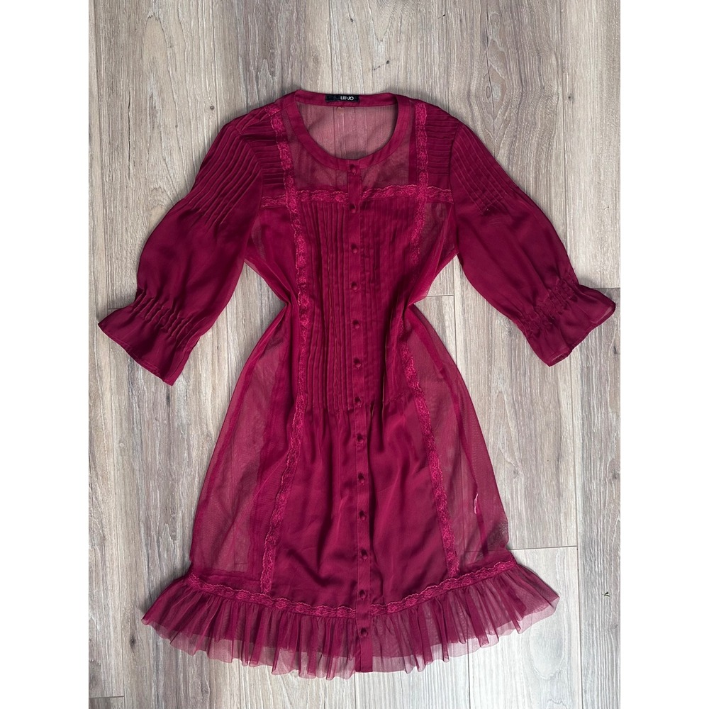 Liu Jo Sheer Pintuck Lace Button Front Tulle Ruffle Midi Dress Med Whimsigoth